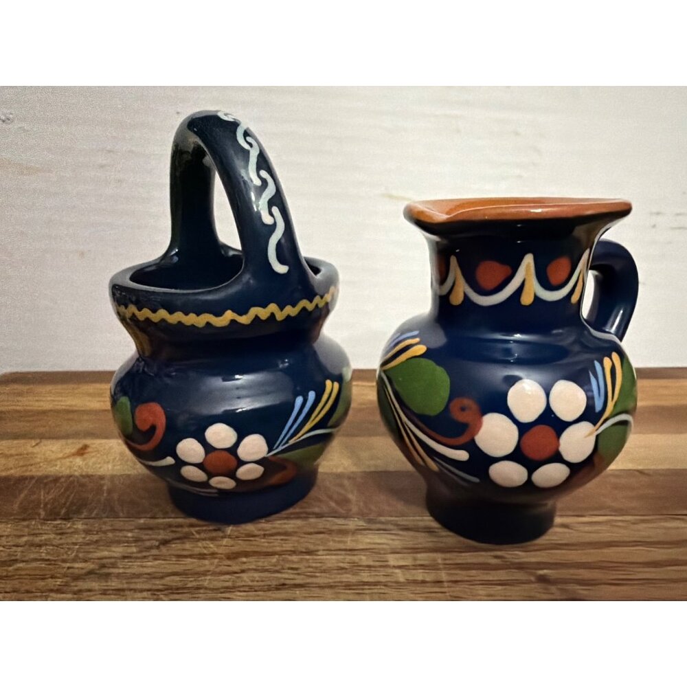 Hungarian Hand-Painted Blue Ceramic Jug & Basket‎ Set folk art